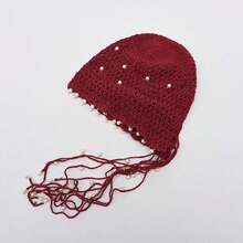 Merry Christmas/New Year Fashion Crochet Tassel Head Wrap Hat For Women, Beige Pearl Decor Boho Turban Hat, Breathable Knitted Headscarf Cap, Stylish Tassel Design Headwear For Party/Photo Shoot, One Size Fits Most,  Head Accessory For Daily Wear & Holiday Outfits - Màu Đỏ Sâu - Xem 1