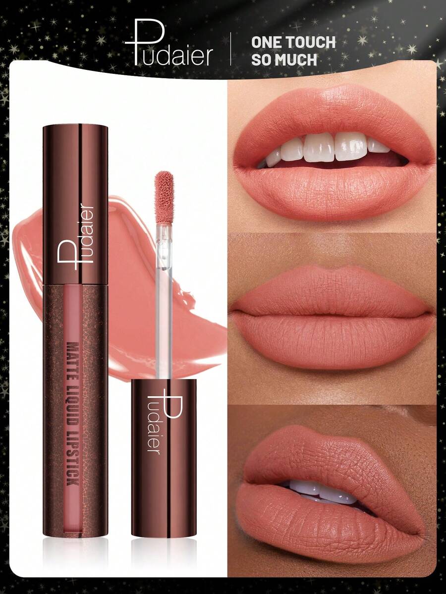 Pudaier Lip Gloss Matte - Tahan Lama, Tidak Luntur, Hasil Akhir Halus, Warna Cerah & Bersemangat - 02. Persik merah muda - View 1