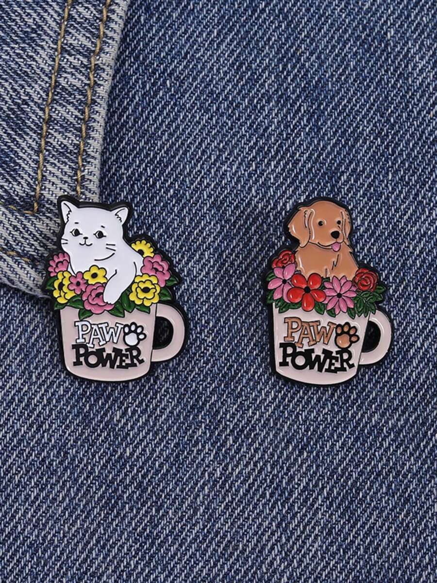 1pc Animal Flowerpot Enamel Needle Cute Cat And Dog Brooch Lapel Badge Jewelry Gift For Friends - Multicolor - View 1