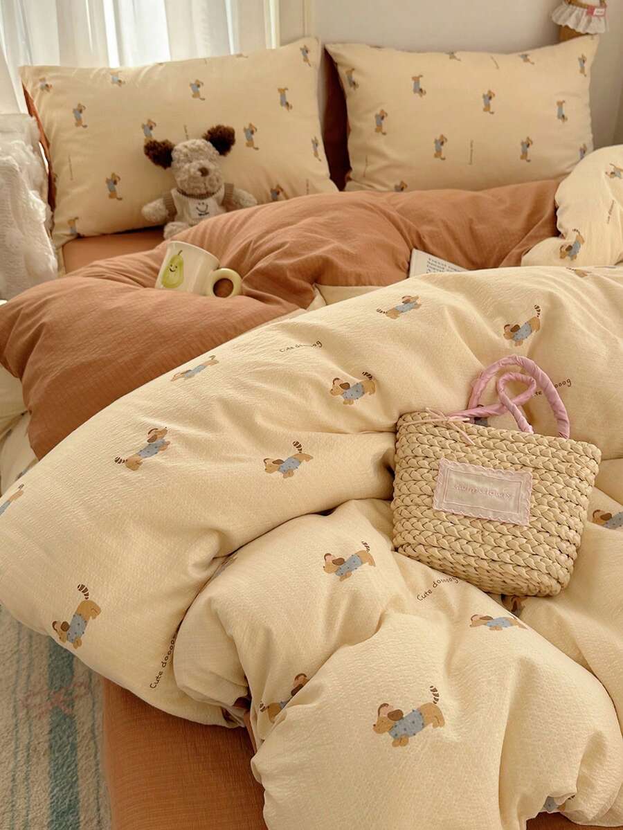 4pcs Dog Pattern Bedding Set, Soft & Comfortable Bedroom Linens, Cute Dachshund Design, Breathable & Soft All Season Bed Set Including 1 Duvet Cover, 1 Bed Sheet, 2 Pillow Shams, No Filling, Suitable For Bedroom, Dorm, Home Use, Multiple Sizes Available - Beige - View 1