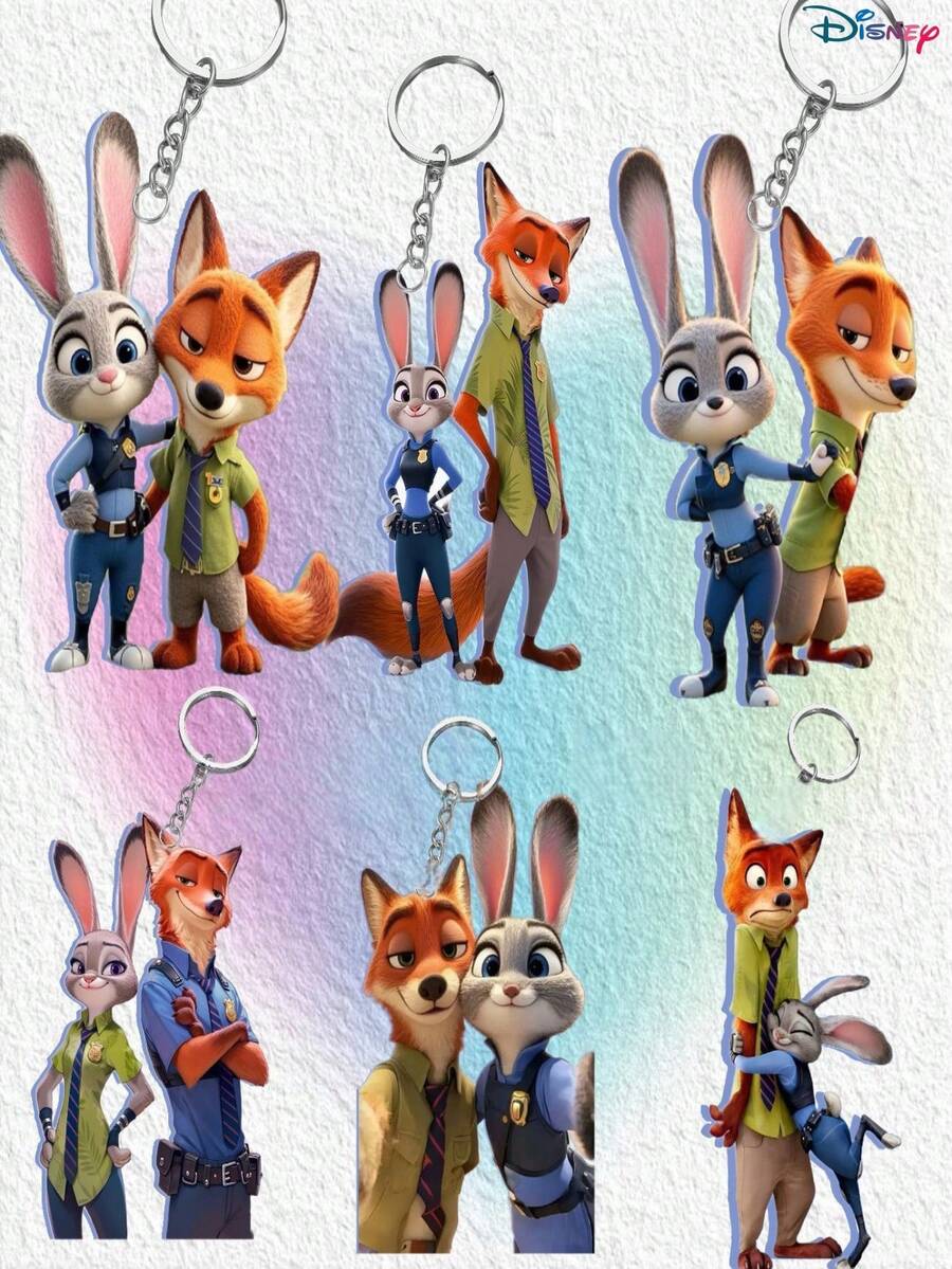 Disney [ Copyright Reserved] 1pc Zootopia Cartoon Acrylic Keychain, Nick Wilde & Judy Hopps High-Quality Backpack Pendant - Multicolor - View 1
