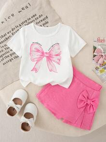 女婴情人节新品字母大蝴蝶结印花短袖圆领上衣+3D蝴蝶结装饰短裙套装，夏季 - 玫紅色 - 查看 1