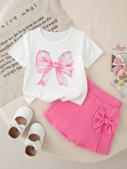 女婴情人节新品字母大蝴蝶结印花短袖圆领上衣+3D蝴蝶结装饰短裙套装，夏季