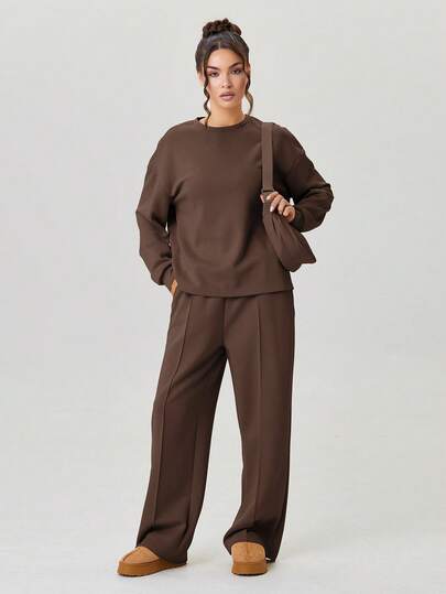 KATCH ME Women's Minimalist Round Neck Loose Long Sleeve Top & Exposed Stitches Trousers Co-Ord, Solid Color Two-Piece Outfit