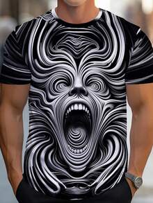 Men's 3D Monster Face Full-Body Print T-Shirt - Black & White Swirling Monster Eyes & Teeth Design, Short Sleeve Round Neck Casual Summer & Year-Round Wear, 3D Hot Transfer Graphic Tee For Parties, Halloween Costumes & Everyday Out - Màu sắc hỗn hợp - Xem 2
