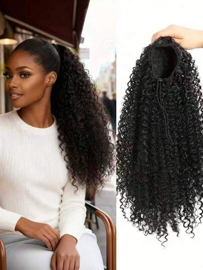 20英寸女士抽绳马尾假发 - 耐热合成假发，带固定钢叉和透气设计，黑色卷曲波浪马尾，适合日常使用