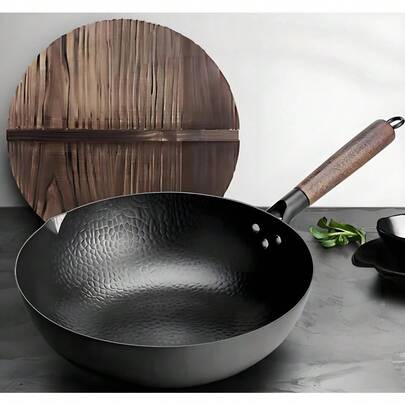 32CM Household Pure Iron Wok Non Coated Cast Iron Pan For Gas Induction Cookers