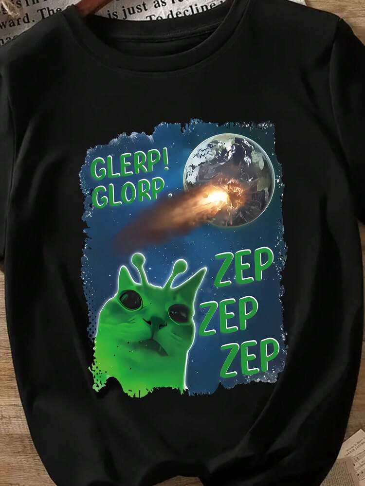 Camiseta Casual de Cuello Redondo para Mujeres con Diseño de Gato y Alienígena Juguetón - "GLERP!"Impresión ZEP ZEP, manga corta, poliéster ligero, perfecto para primavera y verano, ropa casual de verano| Camiseta gráfica caprichosa| Camiseta Ligera - Negro - Añade 3