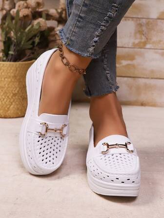 Women's Latest Platform Wedge Loafers, Black Buckle Slip-On Shoes, Lightweight Breathable Comfortable Elevator Shoes, Suitable For Women