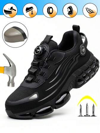 男女通用旋转纽扣舒适工业建筑工作鞋、钢头运动鞋、轻便透气工作靴、户外运动徒步鞋