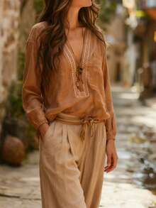 大码女式复古波西米亚风V领镂空长袖衬衫，芥末黄宽松休闲沙滩度假上衣，优雅时尚的波西米亚风衬衫，适合春夏穿着 - 芥末黃 - 查看 7