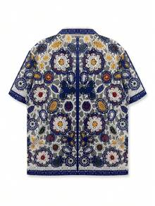 Unisex Printed Shirt, Beige Top, Geometric Pattern, Bohemian Style, Hawaiian Style, Couple Shirt, Plaid Hollow-Out, Casual Outgoing, Young People's, Leisure Holiday Shirt, Valentine's Day Gift, Short Sleeve, Hawaiian - Blue - View 2