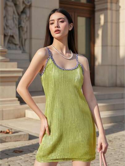 Vestido Corto Sin Mangas Con Tirantes Finos Para Mujer, Con Lentejuelas Brillantes, Para Fiesta De Verano, Para Vacaciones, Cócteles, Playa, Ropa De Calle