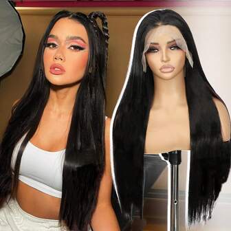 Peluca de cabello sintético recto negro de 180% de densidad, 13x4, 24-28 pulgadas, con encaje frontal, adecuada para damas. Cabello sintético resistente al calor, pre-cortado para crear una línea de cabello natural y una apariencia juvenil. Perfecta para uso diario, bodas, Halloween y Navidad. Fibra sintética sin pegamento, resistente al calor y transpirable. Línea de cabello natural y raya libre para uso diario y fiestas.