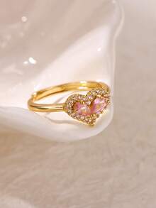 1枚粉色锆石心形戒指，女士款，18K镀金几何可调节开口戒指，婚礼美学情侣首饰，圣诞礼物 - 金黃色1 - 查看 14