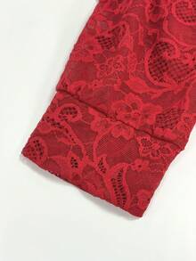 优雅蕾丝长袖衬衫，复古性感蕾丝领长袖上衣，修身度假装 - 紅色 - 查看 5