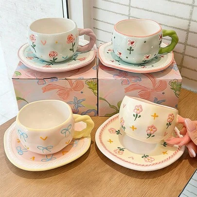 1 cană ceramică sub glazură, cu motive florale în relief, stil Ins, ceașcă de cafea cu farfurie, cadou de casă nouă, cadou de ziua de naștere pentru ea