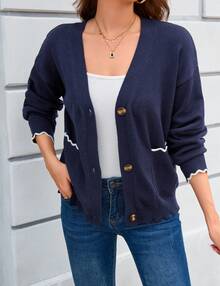 MODISFRAU Strickjacke Damen Kurz Cardigan Langarm Strickpullover Schulterjacke Bolero Top mit Knöpfen und Taschen - marineblau - Übersicht 5