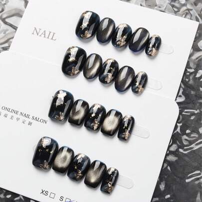 10片手工制作梦幻蓝色美甲贴片，短芭蕾舞形，渐变设计，亮面，可卸式假指甲片，蓝紫色调美甲用品，手工美甲贴片