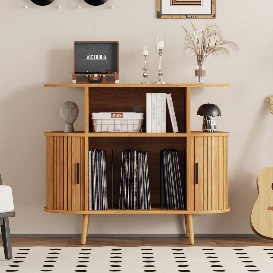 Mid Century Modern Record Player Stand With Storage - Vinyl Record Storage Cabinet & Media Console Holds 300+ Records, Turntable Stand For Bedroom Living Room - 小自然 - 查看 1