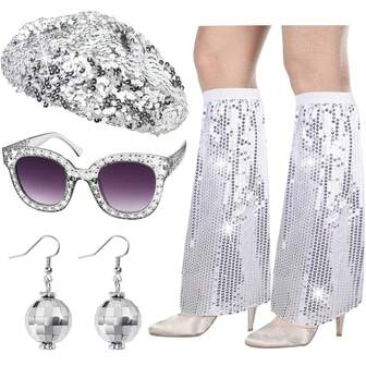 70 年代女士化装舞会服装，迪斯科眼镜，迪斯科球形耳环，闪亮亮片贝雷帽，暖腿套，70 年代女士迪斯科化装舞会服装，70 年代女士配饰，80 年代女士配饰服装，万圣节