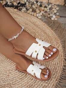 1 Pair Fashion Wide Fit Stud Snakeskin Print Flat Sandals, Summer Vacation Style Beige Slide Sandals