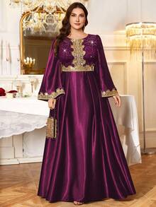 Plus Size Sequin Floral Lace Patchwork Gold Tape Long Sleeve Satin Hem Modest Evening Party Long Dress, Valentine's Day Dress, Wedding Guest Dress, For Birthday, Graduation, Homecoming Elegant Spring - Maroon - View 3