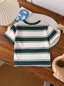 幼儿夏季短袖棉质条纹T恤，儿童弹力短袖上衣，轻薄透气柔软T恤 - 綠色 - 查看 10