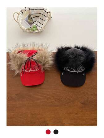 Vintage Contrast Color Embroidered Sherpa Ear Muffs Baseball Cap, Retro Stylish Helmet Liner Baseball Cap With Ear Flaps, Warm Plush Earmuff Baseball Cap For Women, Oversized Rhinestone Plush Baseball Cap For Winter