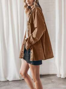 Saodimallsu Women's  Denim Overshirt Jacket Oversized Long Sleeve Button Up Casual Boyfriend Coat - 棕色 - 查看 3