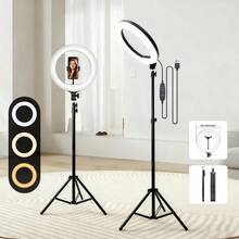 Alloy Large Size Mobile Phone Photography Accessories 12 Inch LED Ring Lighting Kit With Two Section Matte Aluminum Tripod (Adjustable Height 42 160cm), Featuring 3 Color Temperature Modes & 10 Dimmable Levels. Includes 2 Phone Holders And A 360° Ball Head (Compatible With 1/4" Screw Mount) For Women's Day Gift Birthday Celebration - Black - View 8