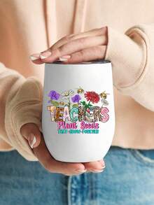 12盎司不锈钢“教师”字样雕刻蛋形保温旅行杯，带盖，便携式杯子，304不锈钢材质，保温效果好 - 彩色 - 查看 5