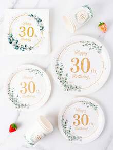 Eucalyptus Green & Gold 30th Birthday Party Disposable Tableware Set, Includes Plates, Napkins, Cups, Tablecloth, And Banners, Serves 8 Guests, Suitable For Birthday, Wedding, Theme Party, Family Picnic - Multicolor - View 4