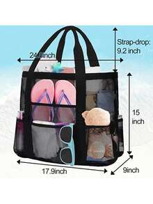 1 pieza Bolsa de playa de malla extra grande - Bolsa de playa antiarena, con gran capacidad, adecuada para uso familiar, plegable y ligera, con cremallera y bolsillo extra, puede contener juguetes y artículos esenciales para vacaciones en la playa - Negro - Ver 9