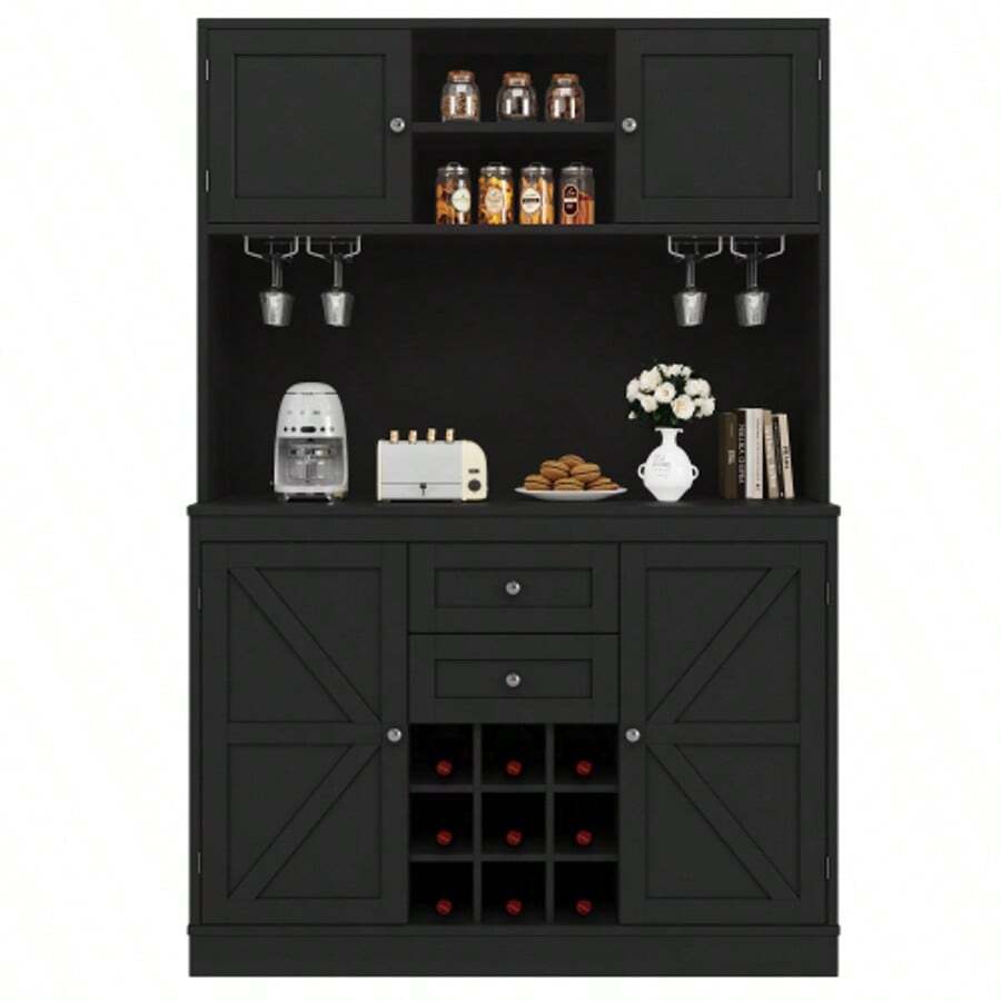 Kitchen Cabinet With Adjustable Shelves & Wine Rack, Tall Kitchen Buffet With 4 Doors & 2 Drawers, Sideboard For Kitchen & Living Room, Buffet Cabinet, White - 黑色 - 查看 1