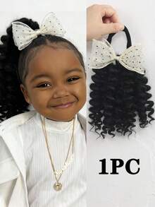 1pc Deep Wave Ponytail With Yarn Bow Clip Go Afro Kinky Marley With Elastic For Girls Kids - Natural Black - View 9