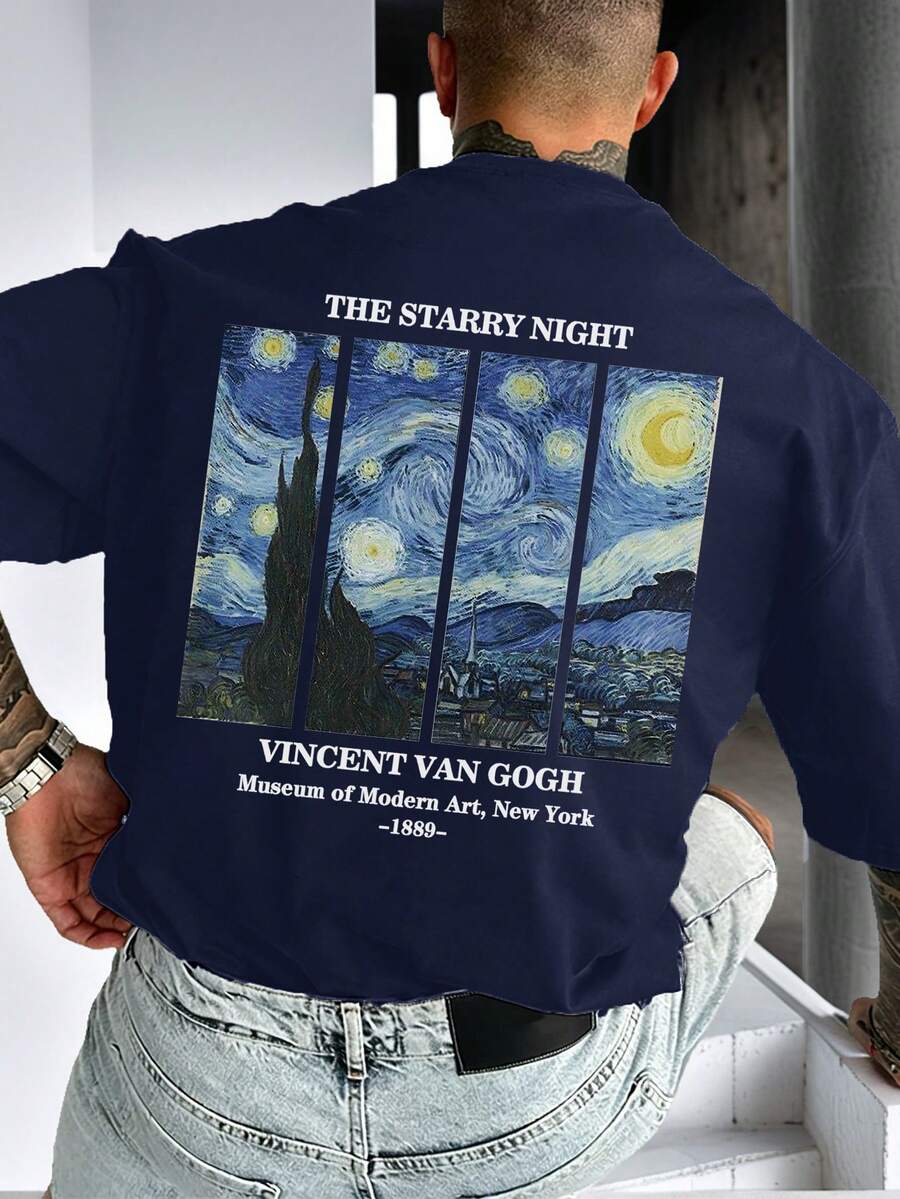 男士休闲百搭简约星空印花短袖T恤 - 藏蓝色 - 查看 1