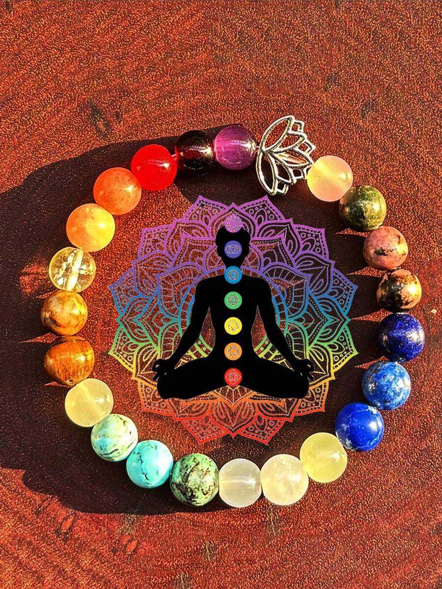 Bohemian Lotus Chakra Stretch Bracelet Natural Gemstone Mix Tiger Eye Lapis Lazuli Epidote Beads Unisex Elastic Yoga Meditation Gift For Parties All Seasons - 彩色 - 查看 1