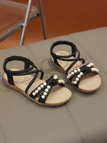 1 Pair Retro Open Toe Sandals For Kids, Summer New Fashion Breathable Slip-On Beach Shoes, Soft Sole Anti-Slip - Black - View 5