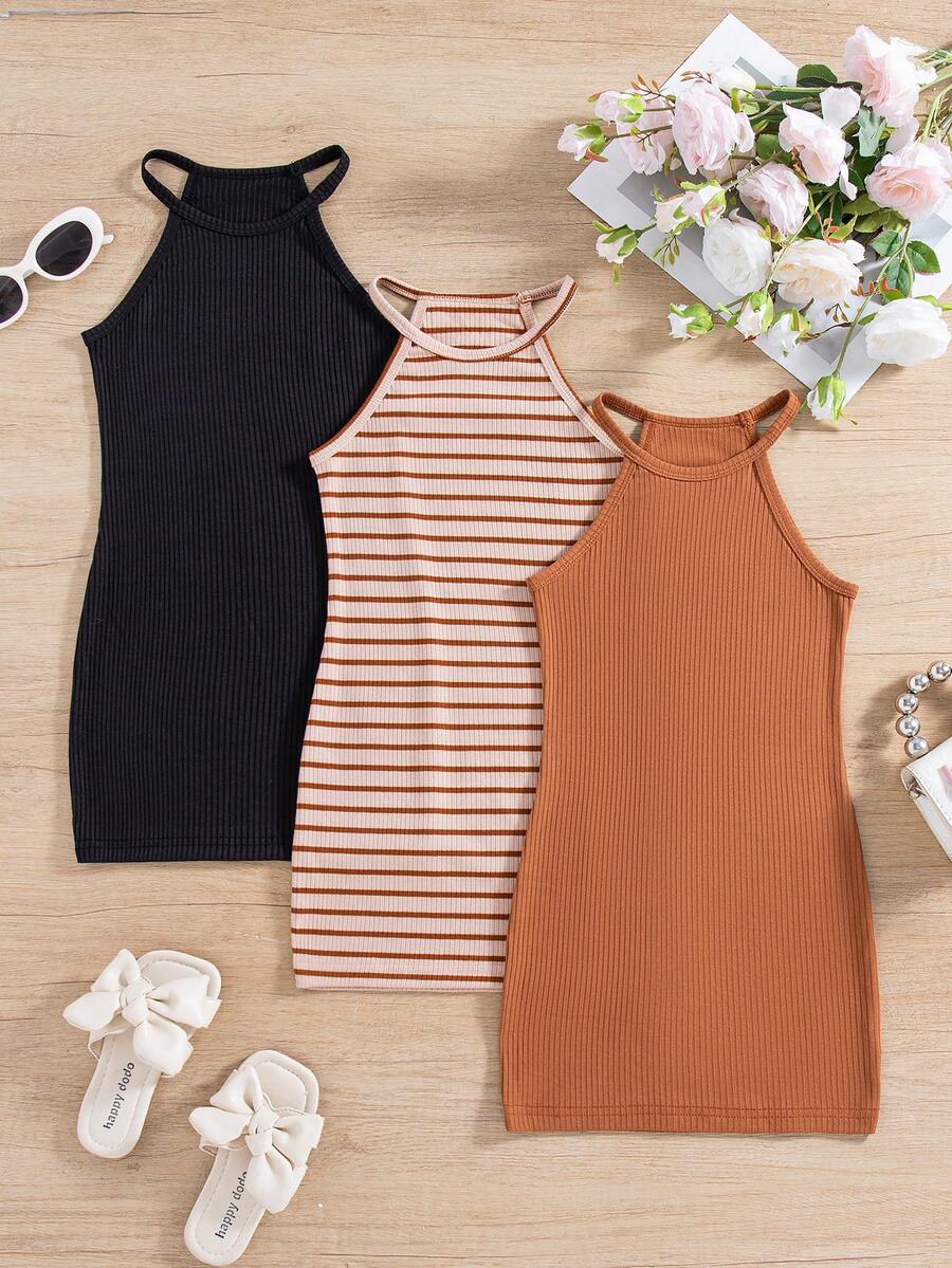 3pcs/Set Girls Ribbed Ribbed & Solid Color Fitted Sleeveless Halter Neck Dress - Coffee Brown - View 1
