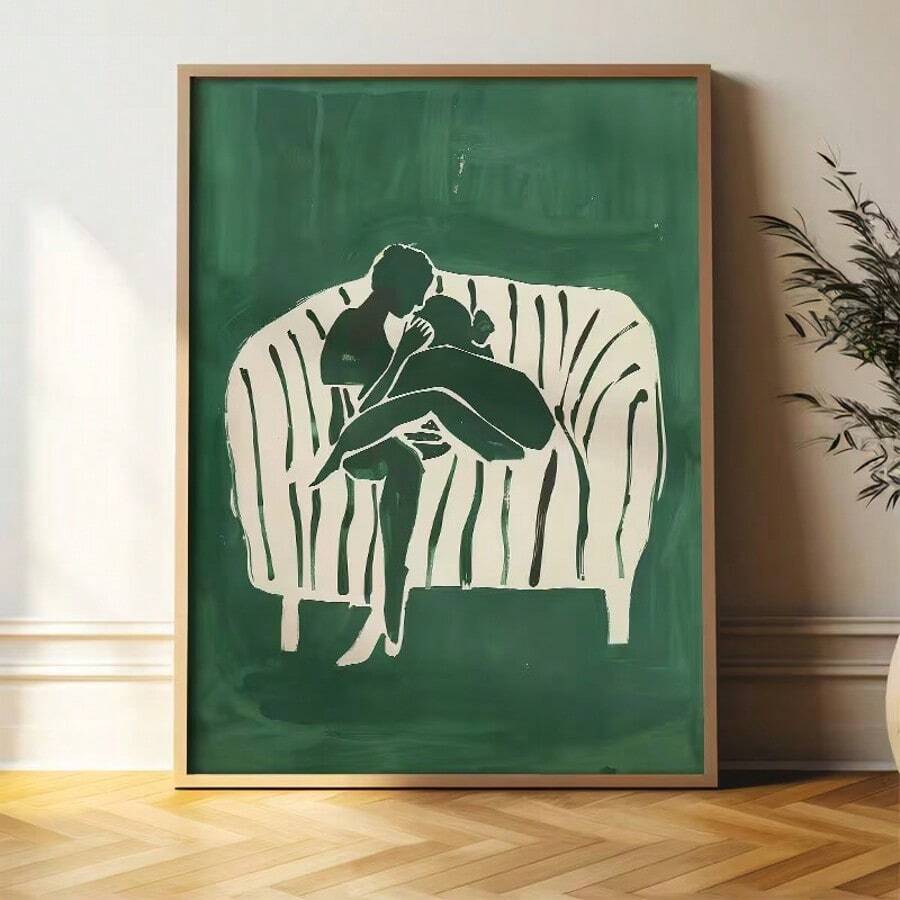 1pc, Unframed Green Striped Canvas Poster, Abstract Wall Art Decor, Surrealism Art Print, Vintage Minimalist Painting, Ideal For Home Office, Bathroom, Living Room, Bedroom, Dining Room, Art Mural, Creative Wall Art, Ink On Canvas, Indoor Use, Letter Print, Autumn/Winter Season, Classic Retro Style, Vertical Orientation - Multicolor - View 1