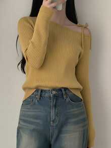 不对称露肩系带蝴蝶结设计百搭针织毛衣上衣，女士休闲装 - 花杏色 - 查看 2