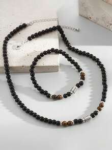 2pcs/Set Men's Natural Stone Beaded Necklace And Bracelet Set, Niche High-End Hip-Hop Accessories, Suitable For Holiday Gifts And Daily Wear Fashion Jewelry - Beaded Two-piece Set - View 2