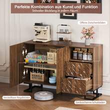 Beistellschrank 120 * 40 * 78.5 cm – "Blattpoesie" Serie– Dunkle Walnussmaserung mit Blattrelief – Metallbeine, 2 Türen und 2 Schubladen – geeignet für Esszimmer, Wohnzimmer oder Flur - Tabac - Voir 1