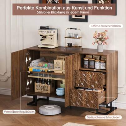 Beistellschrank 120 * 40 * 78.5 Cm – "Blattpoesie" Series– Dunkle Wallnussmaserung Mit Blattrelief – Metallbeine, 2 Türen Und 2 Schubladen – Geeignet Für Esszimmer, Wohnzimmer Oder Flur
