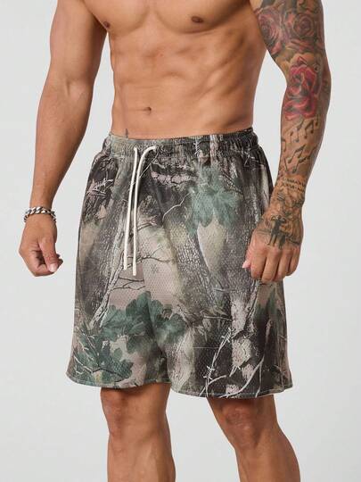 Men's Casual Fashionable Street Floral Branch Printed Shorts,Men Street Wear Shorts,Men Camo Short Patterned Casual Daily Wear Shorts,Streetwear Beach Pants For Summer