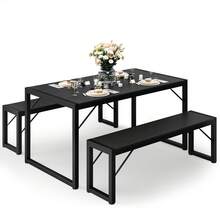 3-Piece Dining Table Set For 4,  Kitchen Table Set With 2 Benches, Dining Room Table Set With Adjustable Foot Pads,Black,Room Deocr, Christmas Gift - 黑色 - 查看 2