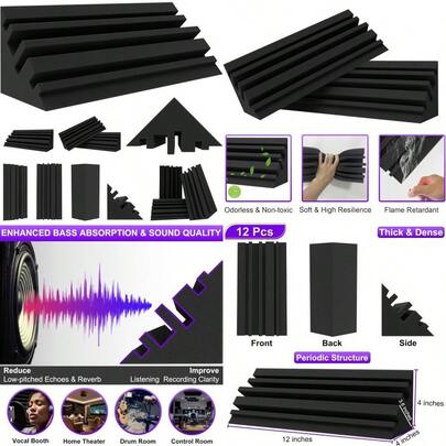 New TroyStudio Bass Traps - 12 Pcs 4 X 4 X 12 Inches Dense Thick Studio Bass Foam Corner Acoustic Treatment Panel Absorbing Echo Reverb Low Frequency Sound Absorber For Music Room Home Recording Studio