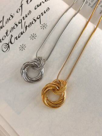 1pc Multi-Layer Wrapped Circle Pendant Long Necklace, Gold & Silver Color, Fashionable Pendant Necklace For Women, Versatile For Sweater Matching, Autumn/Winter New Arrival