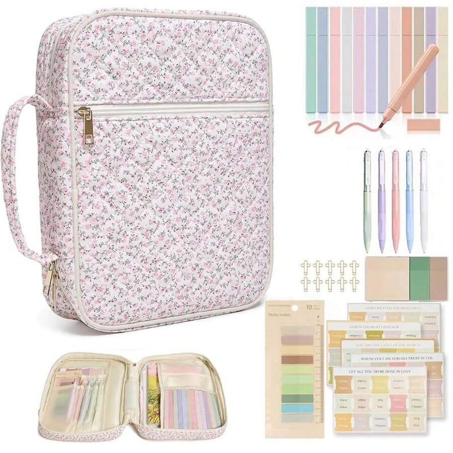 Bible Cover Case For Women Grils, Preppy Bible Bag With Adjustable Shoulder Strap, Waterproof Bible Carrying Tote Bags Holder For Bible Study Supplies Accessories & Christian Gifts - 粉紅色小花 - 查看 1
